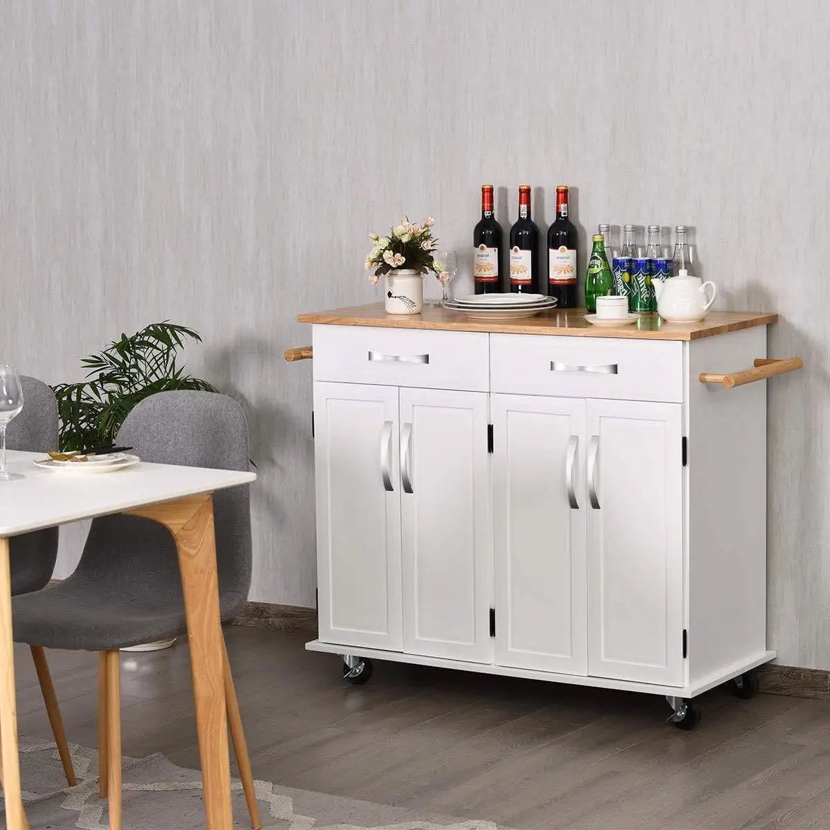 White Kitchen Cart Island with Wood Top 2 Drawers and Bottom Storage Cabinet by HomePacific