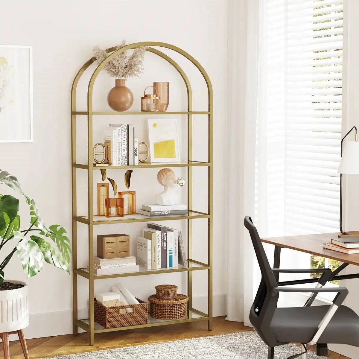 Modern Gold Metal Arched Top Display Rack Bookcase with 5 Glass Storage Shelves by HomePacific