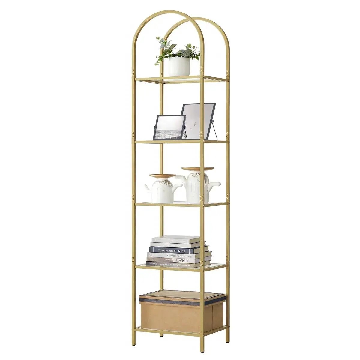 Arched Top Gold Metal Display Rack Narrow Bookcase with 5 Glass Storage Shelves by HomePacific