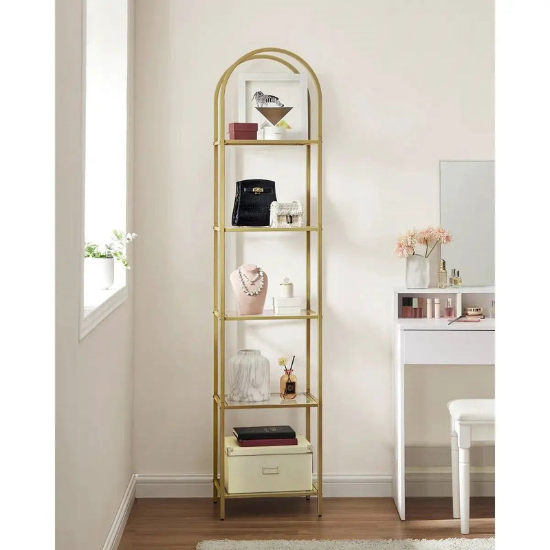Arched Top Gold Metal Display Rack Narrow Bookcase with 5 Glass Storage Shelves by HomePacific