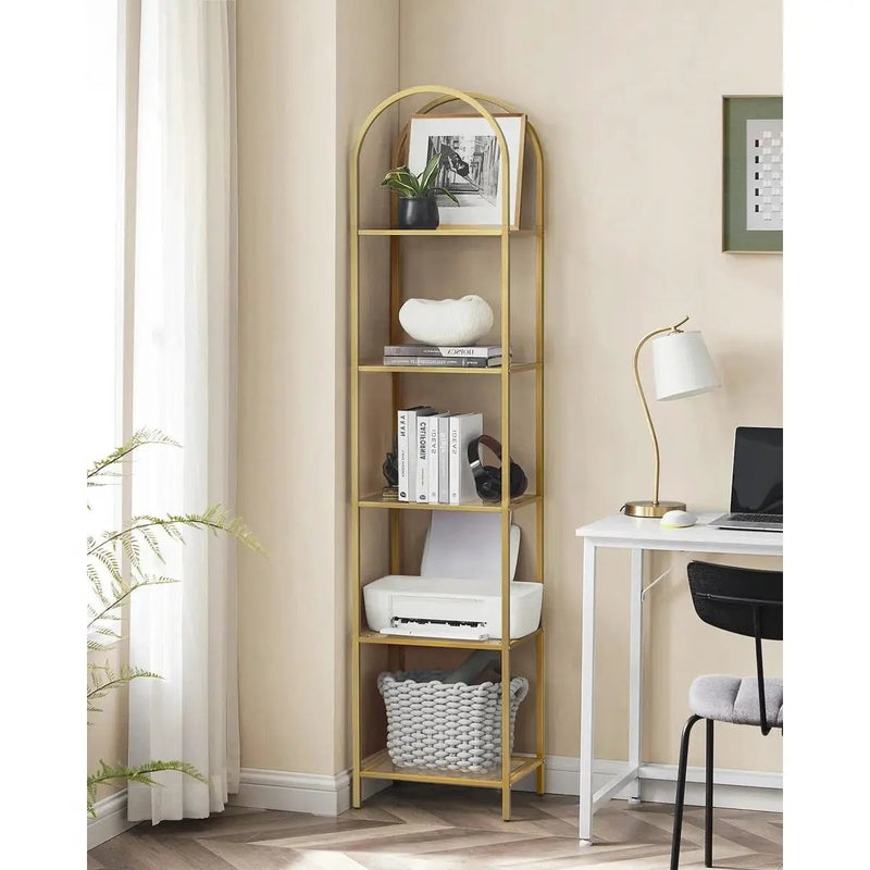 Arched Top Gold Metal Display Rack Narrow Bookcase with 5 Glass Storage Shelves by HomePacific