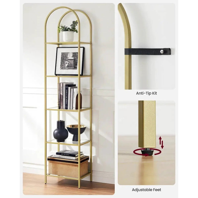 Arched Top Gold Metal Display Rack Narrow Bookcase with 5 Glass Storage Shelves by HomePacific