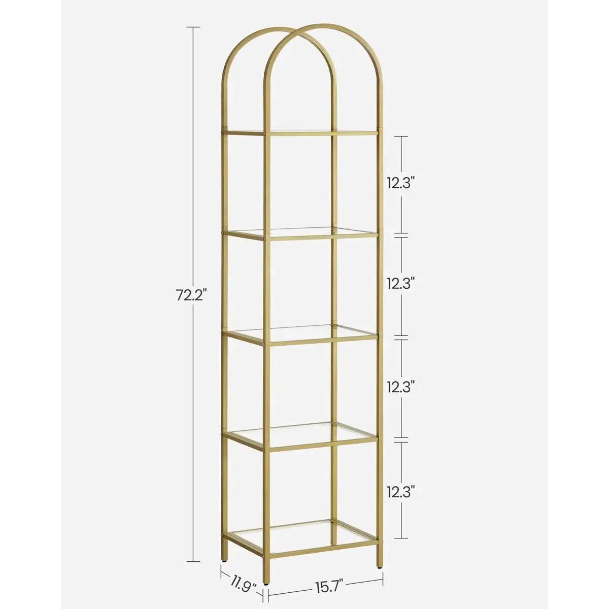 Arched Top Gold Metal Display Rack Narrow Bookcase with 5 Glass Storage Shelves by HomePacific