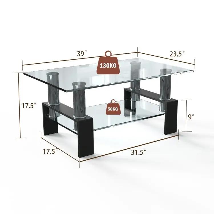 Modern 2 Tier Glass Coffee Table with Black Metal Legs by HomePacific
