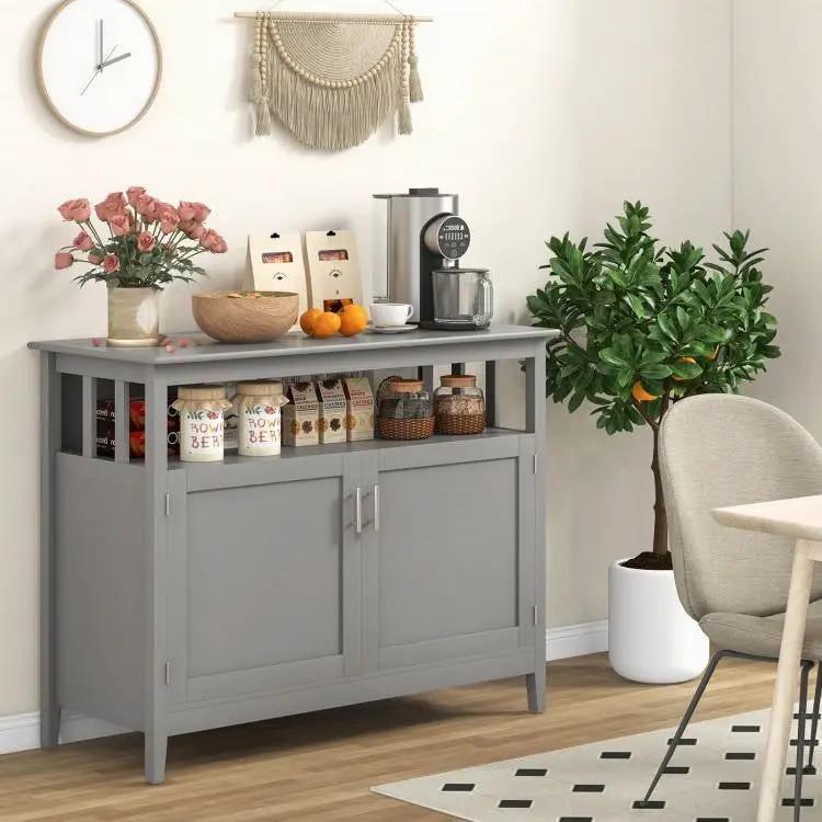 Grey Wood 2-Door Dining Buffet Sideboard Cabinet with Open Storage Shelf by HomePacific