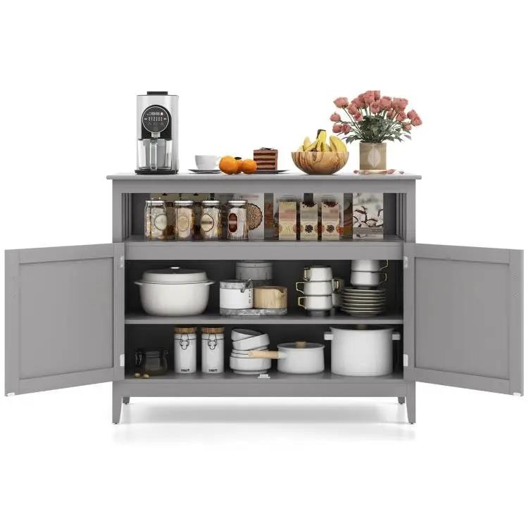Grey Wood 2-Door Dining Buffet Sideboard Cabinet with Open Storage Shelf by HomePacific