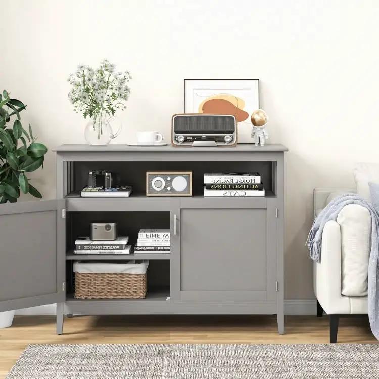 Grey Wood 2-Door Dining Buffet Sideboard Cabinet with Open Storage Shelf by HomePacific