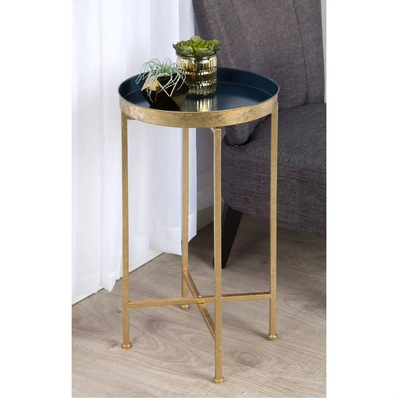 Gold Finish Metal Round End Table Nightstand with Removable Navy Blue Tray Top by HomePacific
