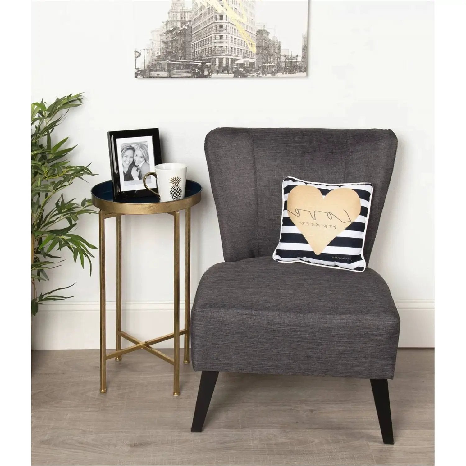 Gold Finish Metal Round End Table Nightstand with Removable Navy Blue Tray Top by HomePacific