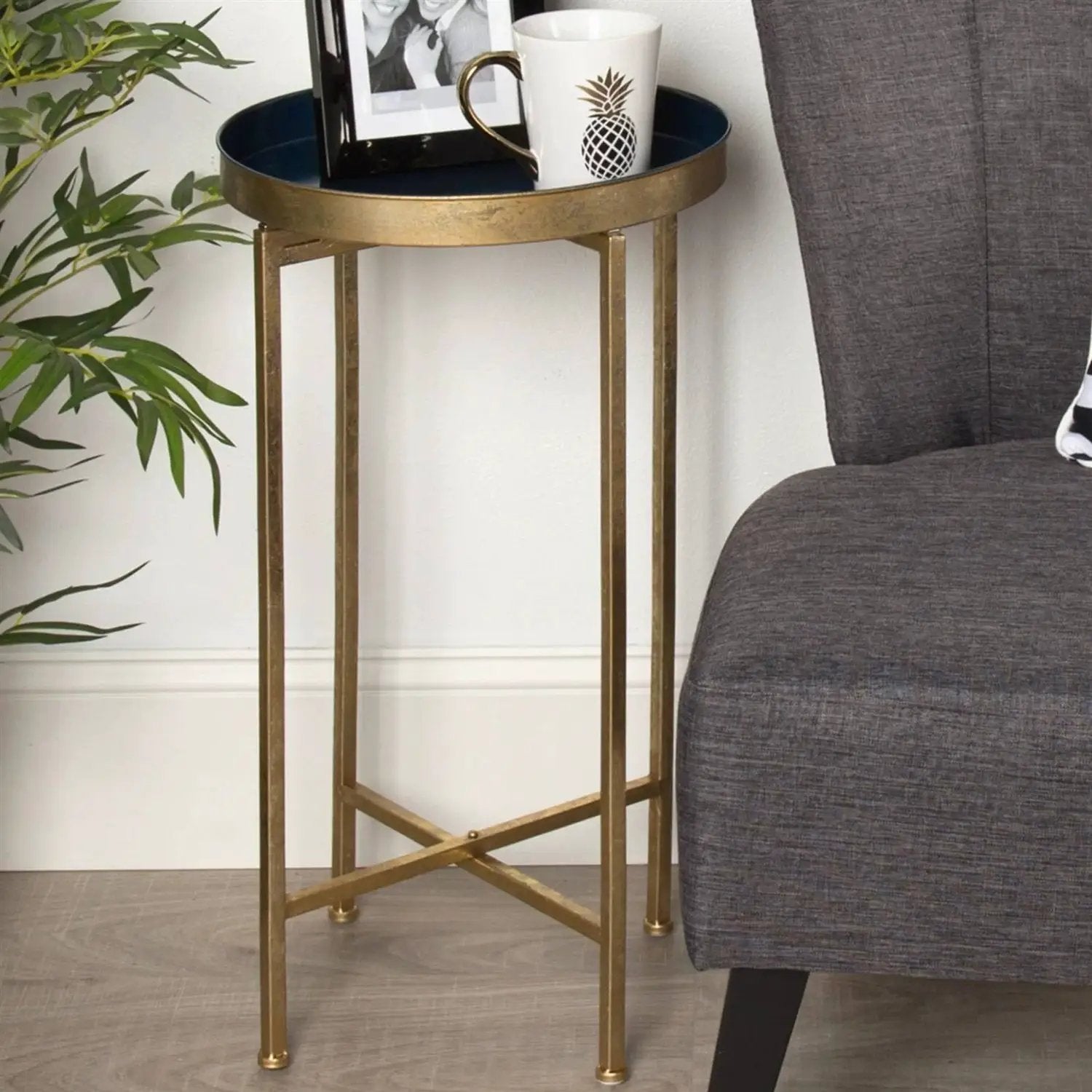 Gold Finish Metal Round End Table Nightstand with Removable Navy Blue Tray Top by HomePacific