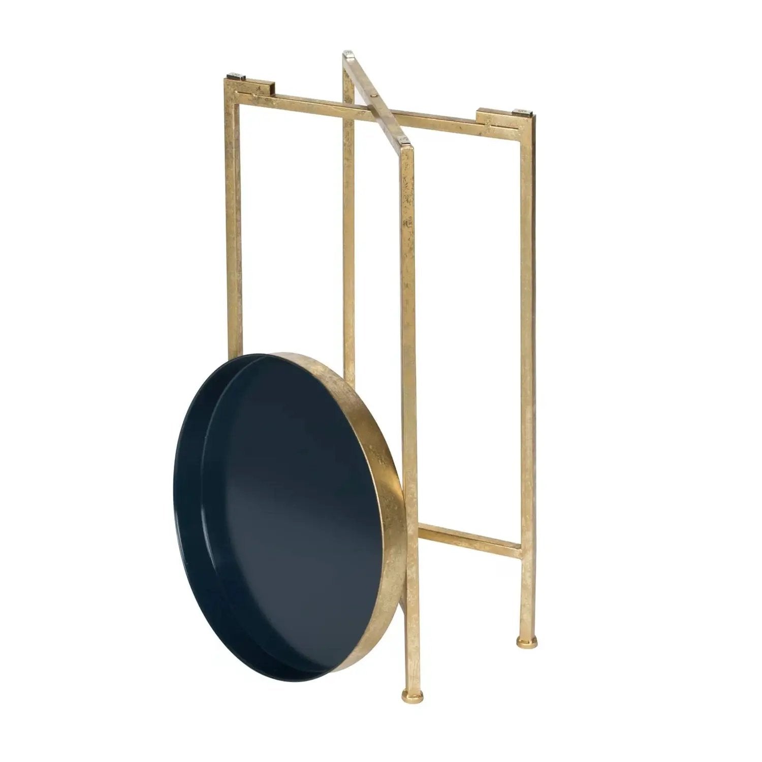 Gold Finish Metal Round End Table Nightstand with Removable Navy Blue Tray Top by HomePacific