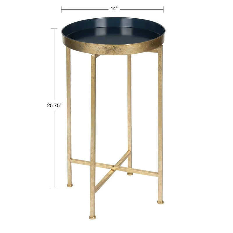 Gold Finish Metal Round End Table Nightstand with Removable Navy Blue Tray Top by HomePacific