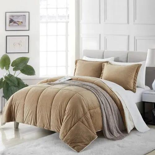 Queen Plush Microfiber Reversible Comforter Set in Gold by HomePacific