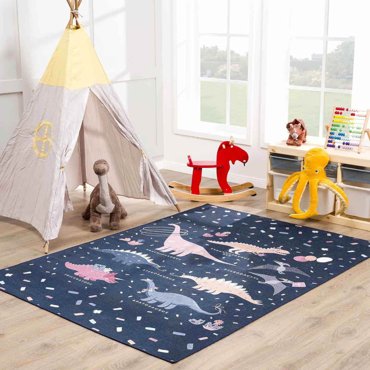 Milne Navy Dinosaur Washable Kids Rug - Clearance by Boutique Rugs