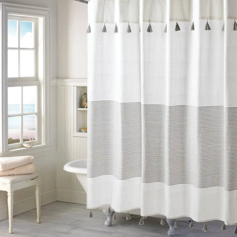 72-inch Grey and White Stripes Cotton Shower Curtain with Tassels by HomePacific