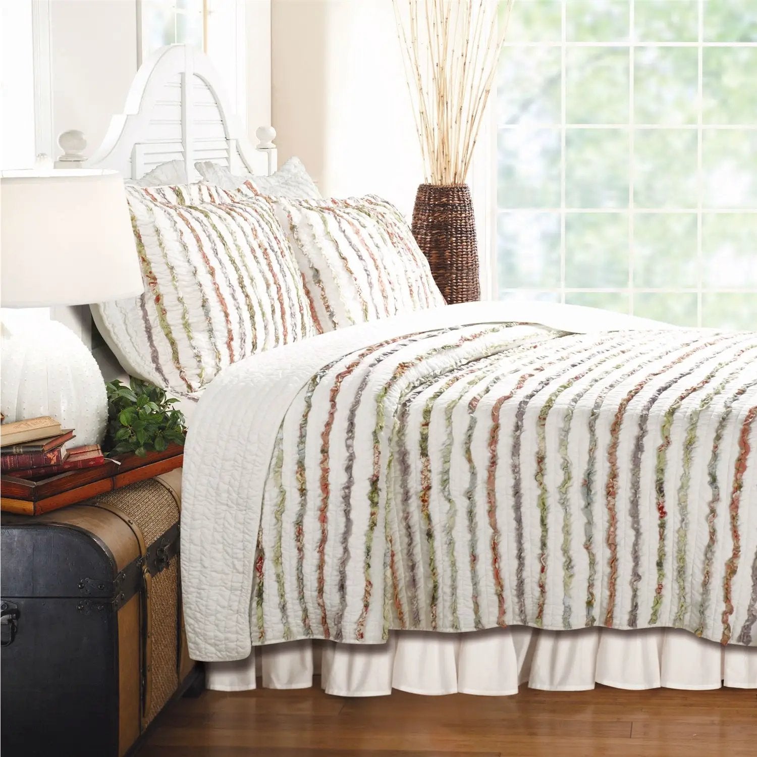 Full / Queen 100% Cotton Quilt Set Ruffled Multi-color Stripes by HomePacific
