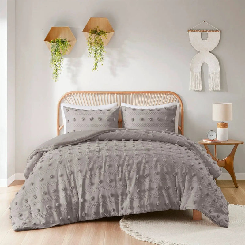 King/Cal King 3-Piece Grey Microfiber Comforter Set with Decorative Pompoms by HomePacific