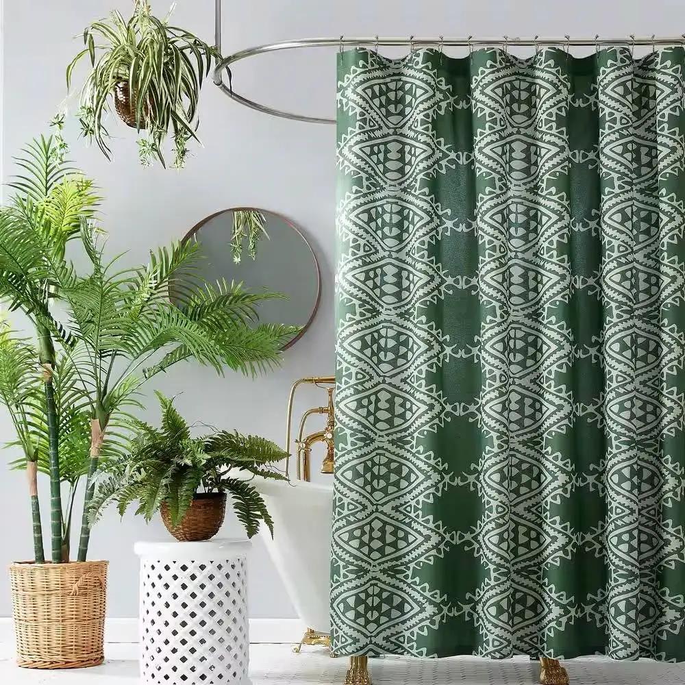 72 x 72 inch Cotton Poly Shower Curtain with Green White Geometric Motif Pattern by HomePacific