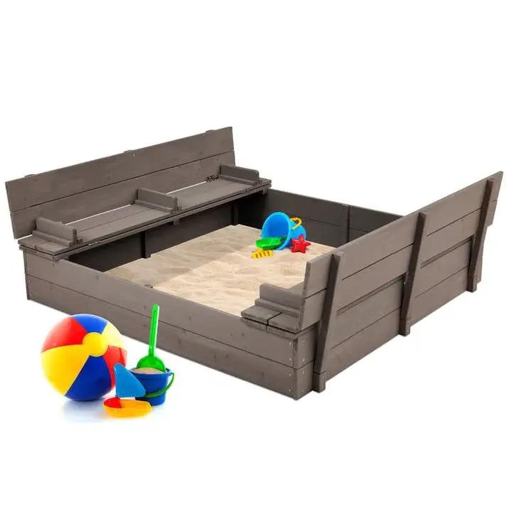Sturdy Cedar Wood Kids Outdoor Sandbox with Benches in Grey Finish by HomePacific