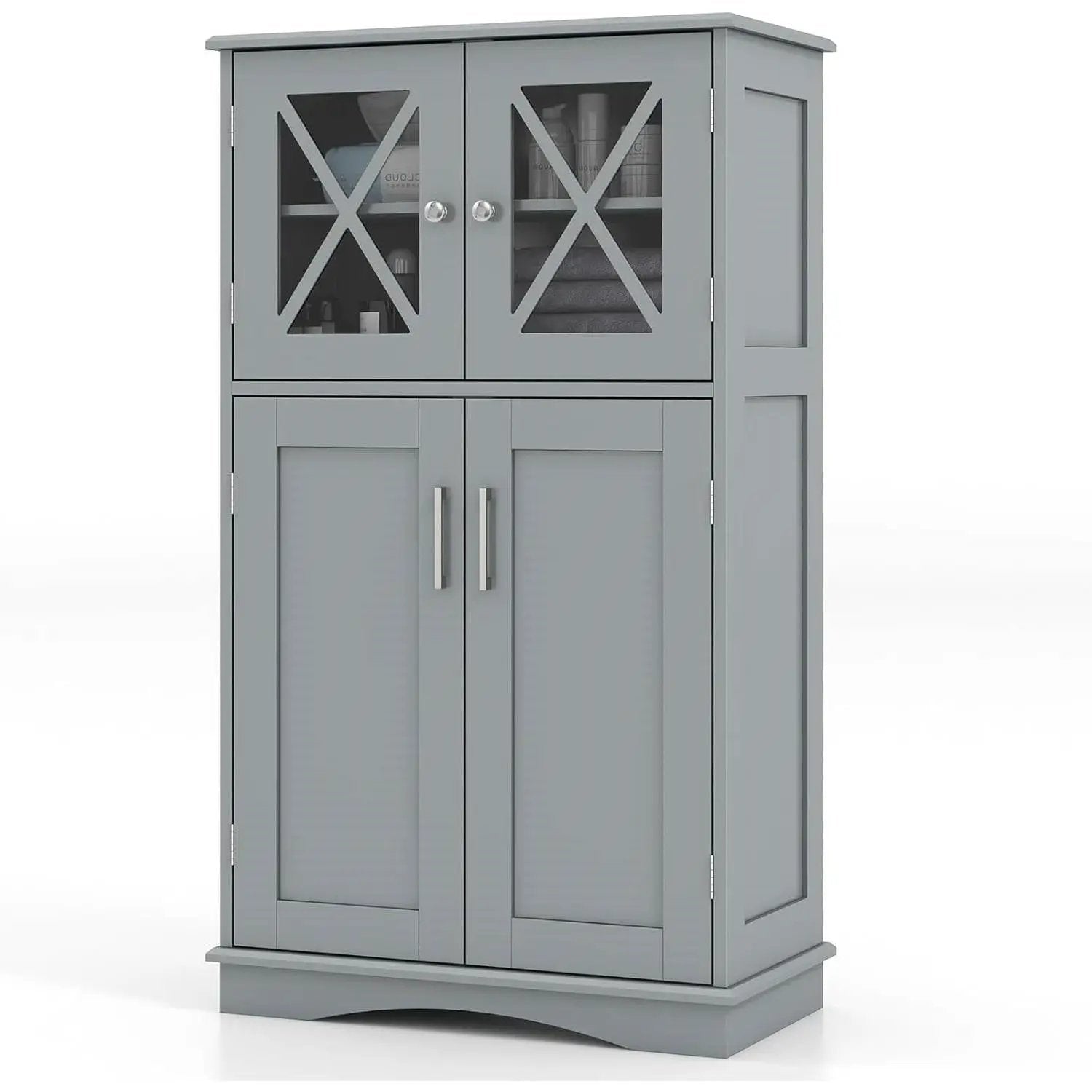 Grey Bathroom Towel Linen Cabinet with Glass Doors and Storage Shelves by HomePacific