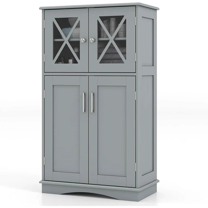 Grey Bathroom Towel Linen Cabinet with Glass Doors and Storage Shelves by HomePacific