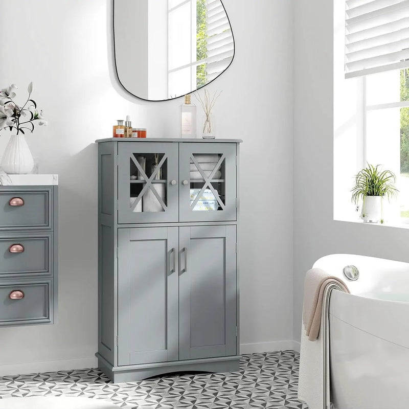 Grey Bathroom Towel Linen Cabinet with Glass Doors and Storage Shelves by HomePacific