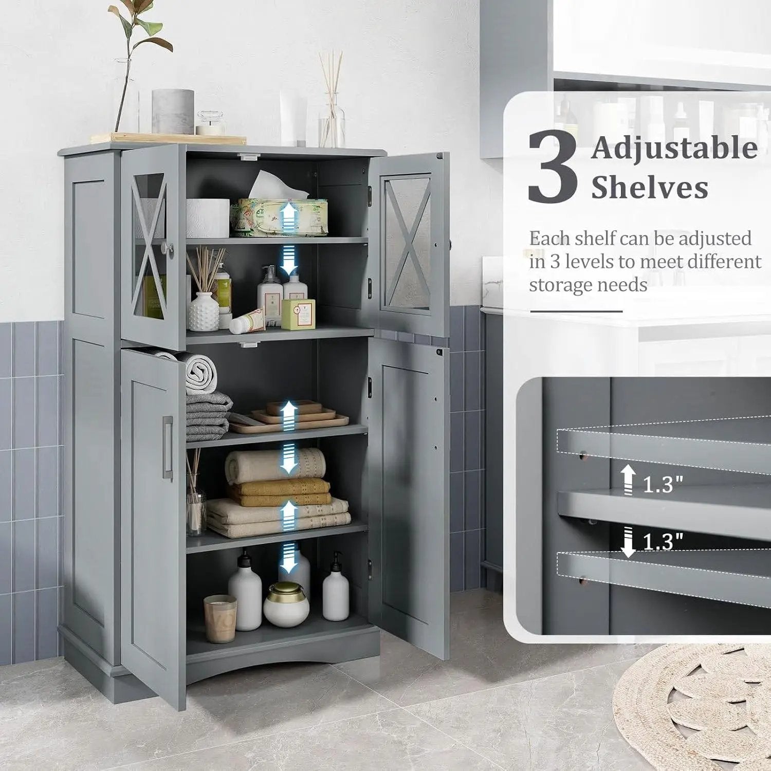 Grey Bathroom Towel Linen Cabinet with Glass Doors and Storage Shelves by HomePacific