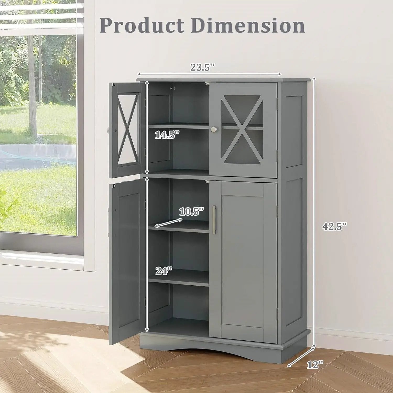 Grey Bathroom Towel Linen Cabinet with Glass Doors and Storage Shelves by HomePacific