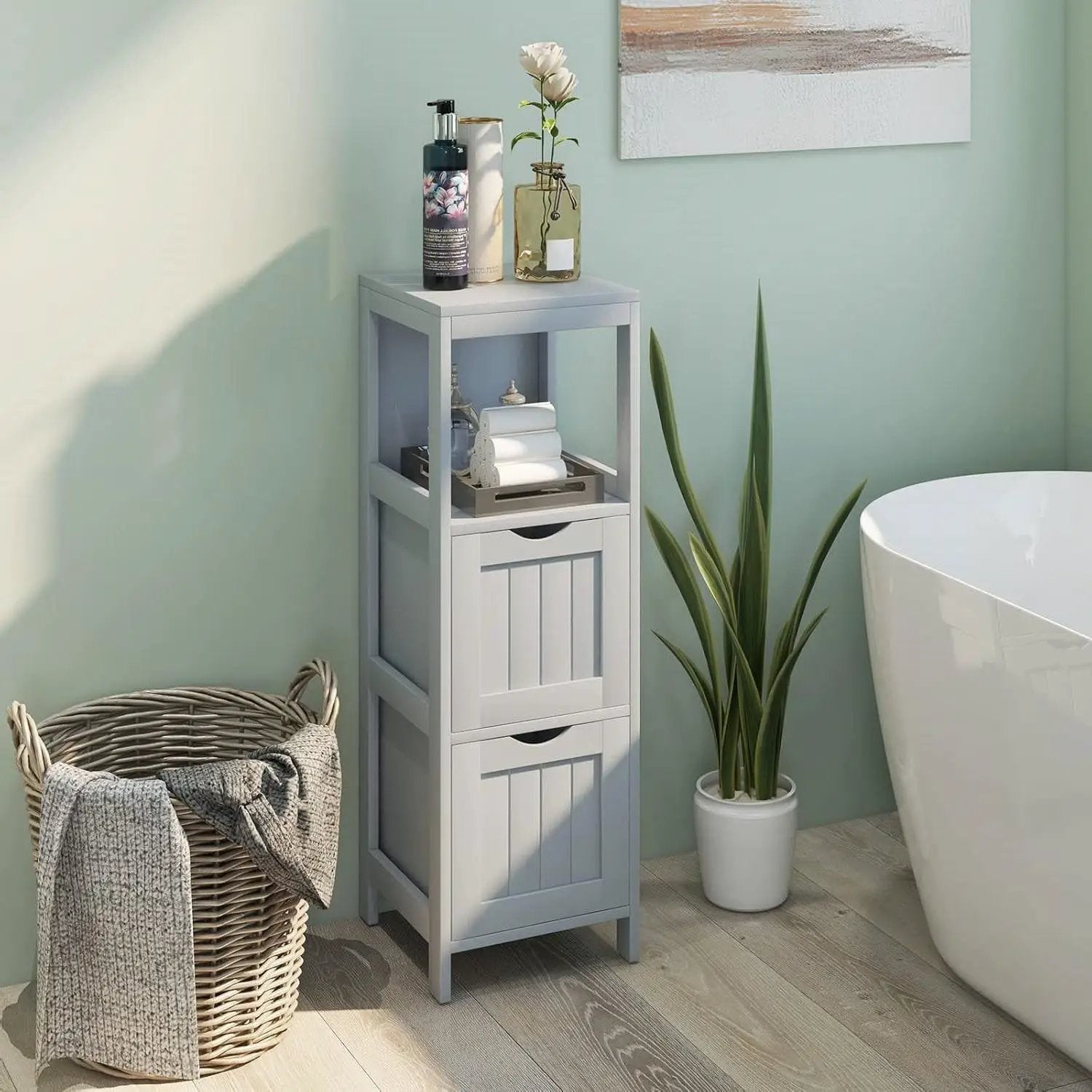 Modern Farmhouse 2-Drawer Bathroom Floor Cabinet with Shelf in Grey Wood Finish by HomePacific