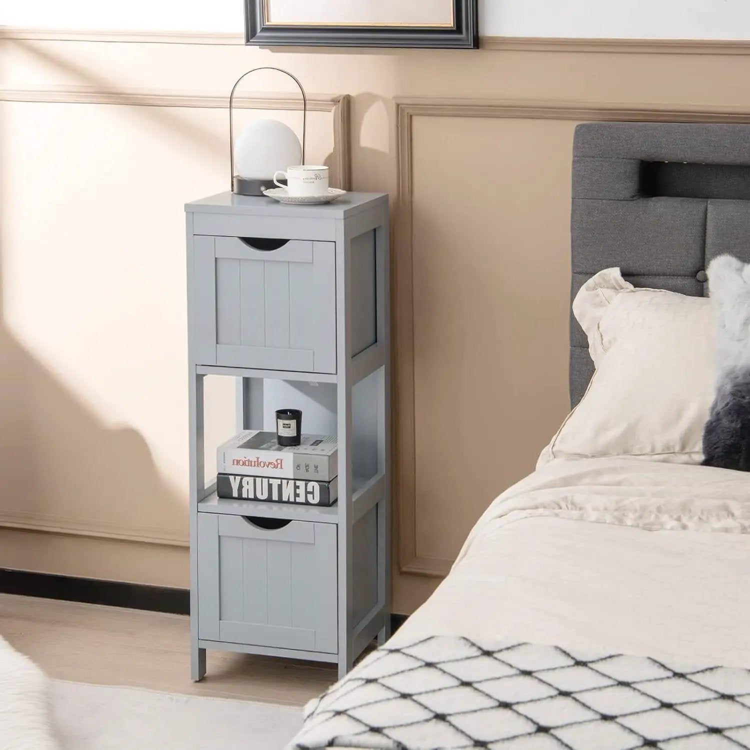Modern Farmhouse 2-Drawer Bathroom Floor Cabinet with Shelf in Grey Wood Finish by HomePacific