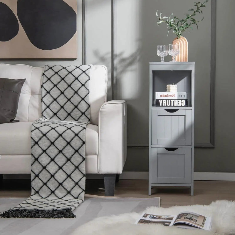 Modern Farmhouse 2-Drawer Bathroom Floor Cabinet with Shelf in Grey Wood Finish by HomePacific
