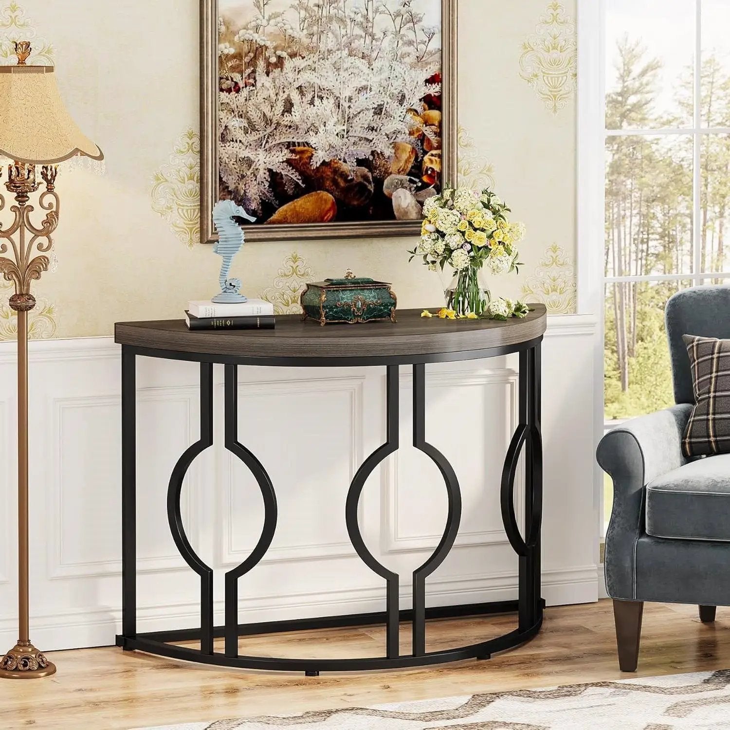 Modern 43-inch Half Moon Accent Sofa Table with Grey Wood Top Black Frame by HomePacific