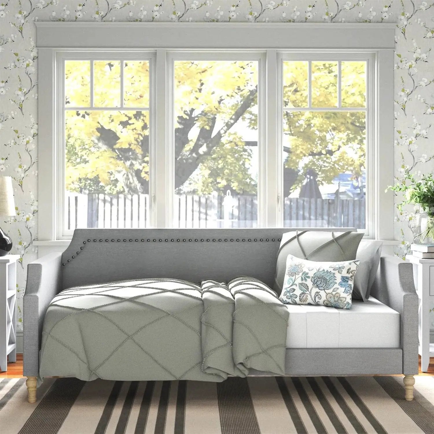 Twin size Grey Polyester Fabric Upholstered Daybed with Nailhead Trim by HomePacific