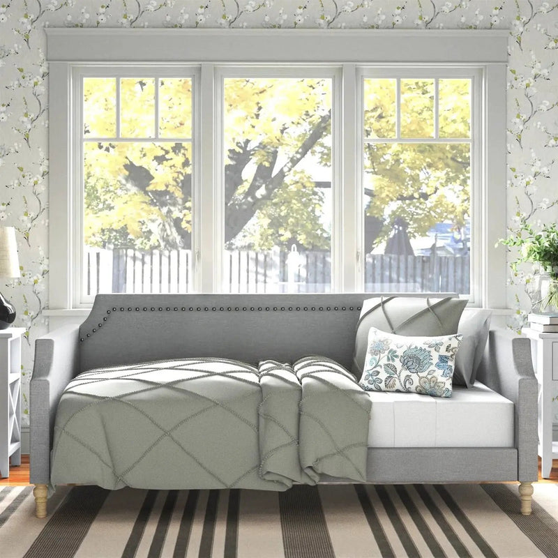 Twin size Grey Polyester Fabric Upholstered Daybed with Nailhead Trim by HomePacific