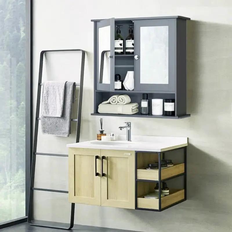 Grey Wood Bathroom Wall / Medicine Cabinet with Mirrored Doors and Shelf by HomePacific