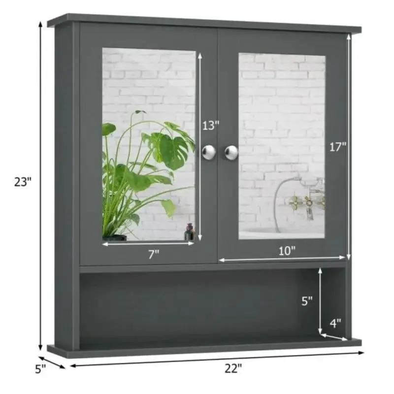 Grey Wood Bathroom Wall / Medicine Cabinet with Mirrored Doors and Shelf by HomePacific