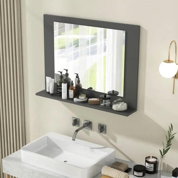 Rectangular 23 x 17 inch Bathroom Mirror with Storage Shelf in Grey Wood Finish by HomePacific
