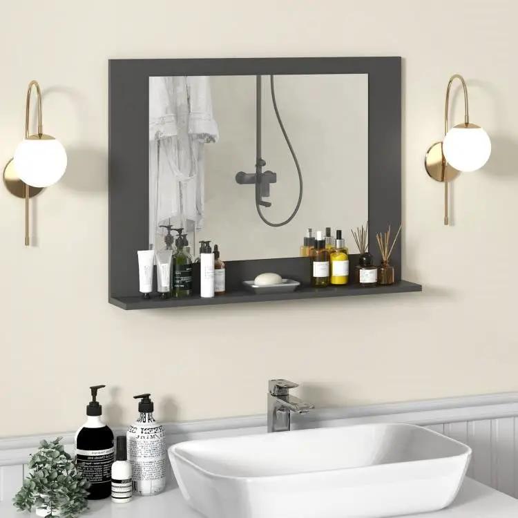 Rectangular 23 x 17 inch Bathroom Mirror with Storage Shelf in Grey Wood Finish by HomePacific