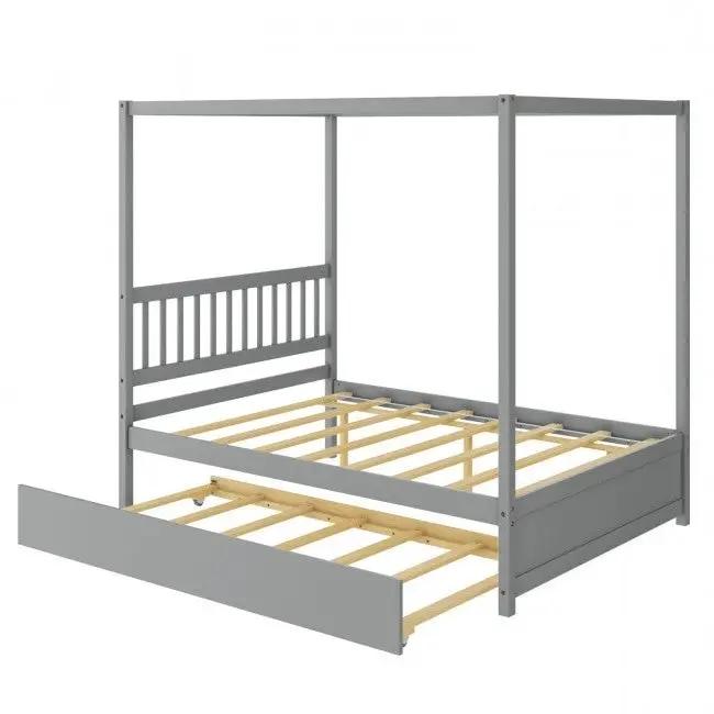 Gray Full Size Canopy Platform Bed with Twin Roller Trundle Bed by HomePacific