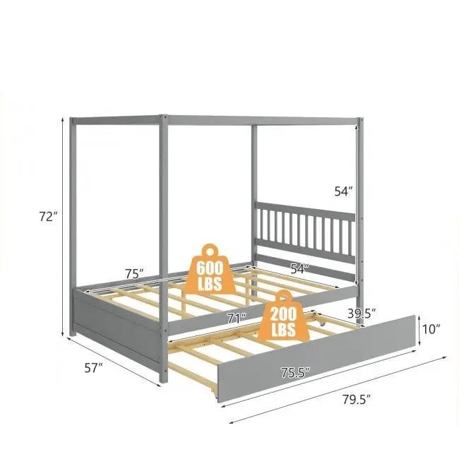 Gray Full Size Canopy Platform Bed with Twin Roller Trundle Bed by HomePacific