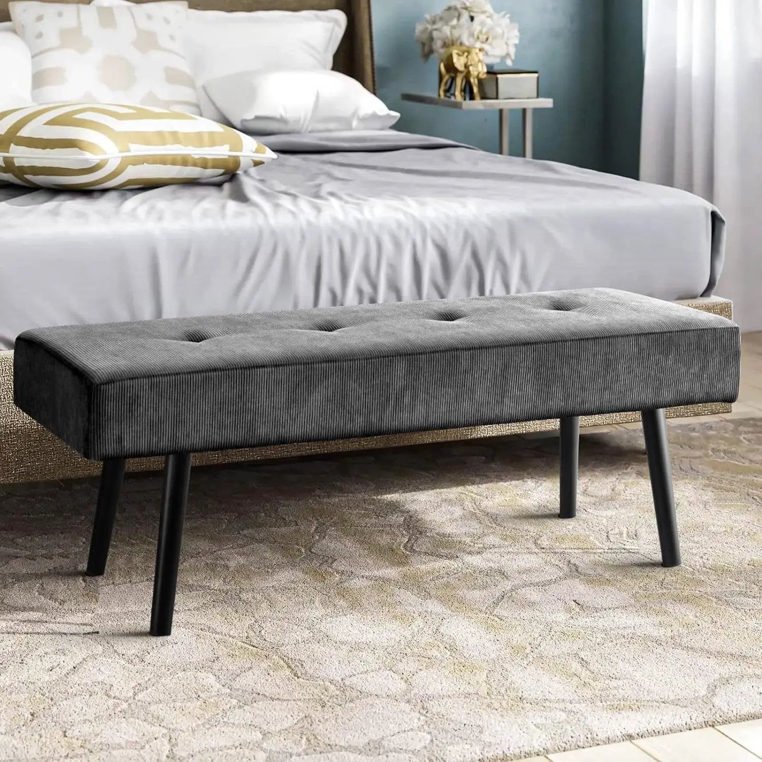 Mid-Century Grey Corduroy Upholstered End of Bed Bench with Black Metal Legs by HomePacific