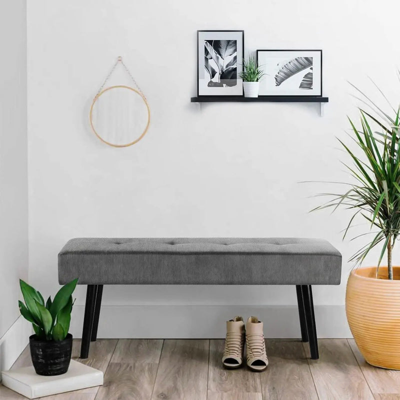 Mid-Century Grey Corduroy Upholstered End of Bed Bench with Black Metal Legs by HomePacific