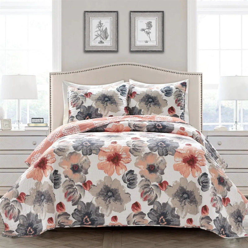 King size Coral Grey Flowers Lightweight Polyester Microfiber Quilt Set by HomePacific