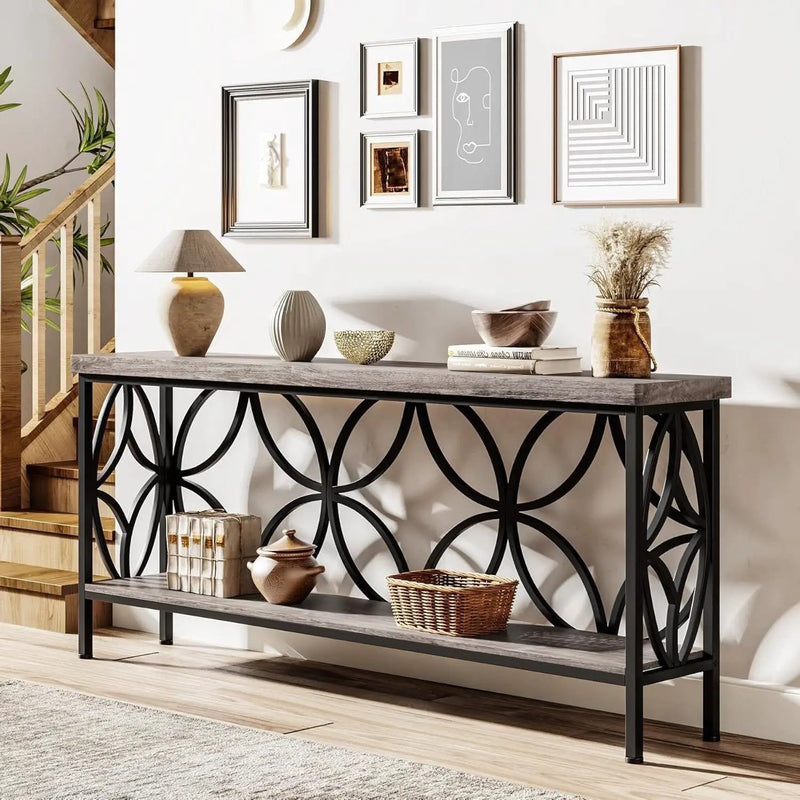 Modern 70-inch Long Narrow Foyer Entryway Table with Grey Wood Top and Shelf by HomePacific
