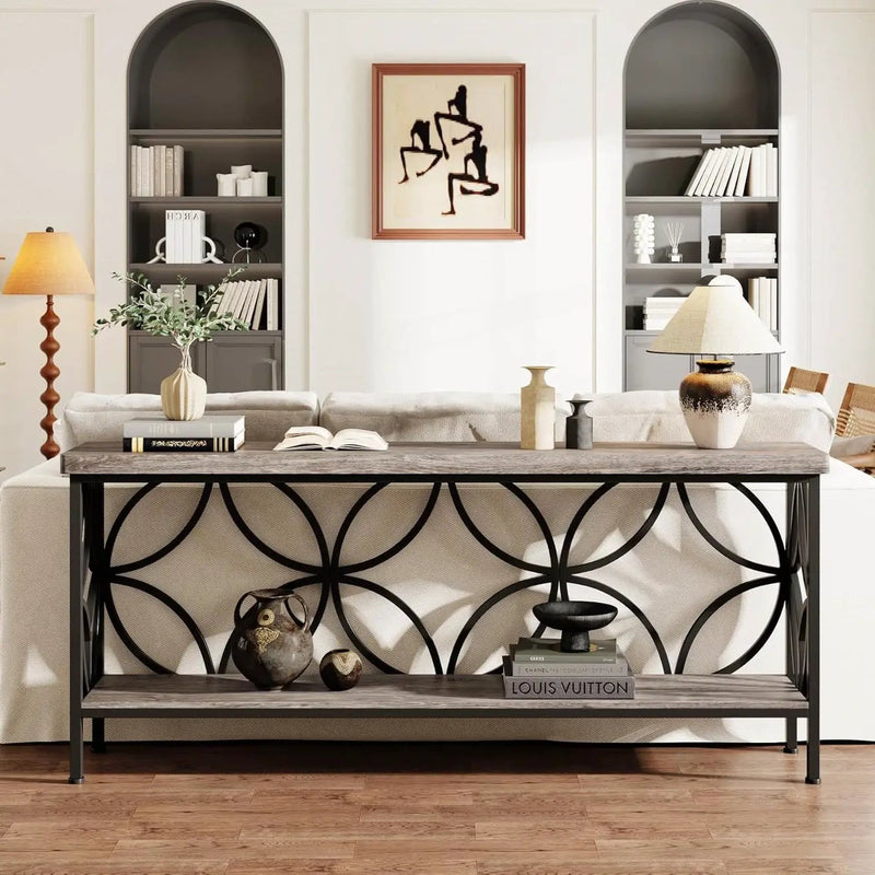 Modern 70-inch Long Narrow Foyer Entryway Table with Grey Wood Top and Shelf by HomePacific