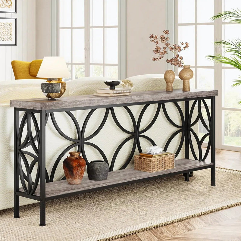 Modern 70-inch Long Narrow Foyer Entryway Table with Grey Wood Top and Shelf by HomePacific