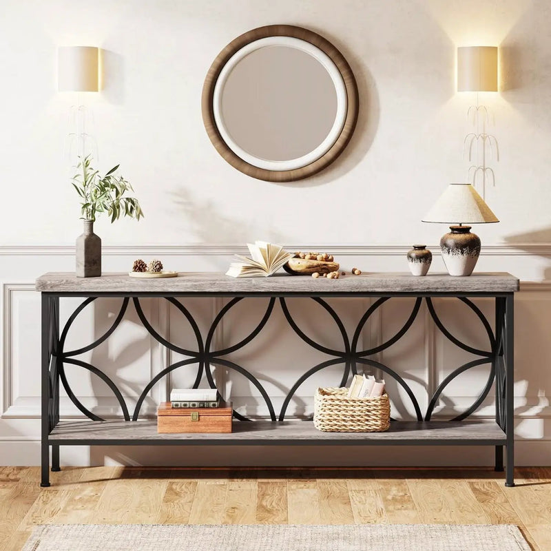 Modern 70-inch Long Narrow Foyer Entryway Table with Grey Wood Top and Shelf by HomePacific