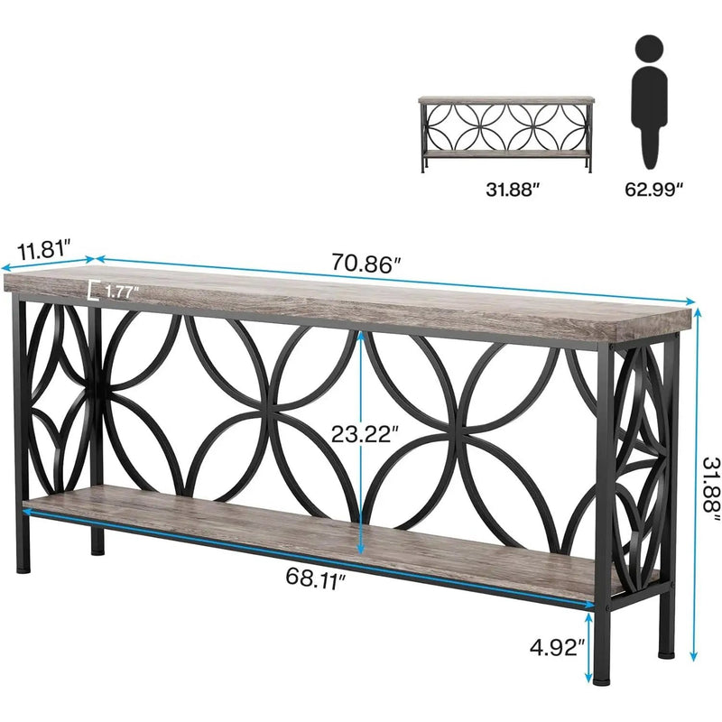 Modern 70-inch Long Narrow Foyer Entryway Table with Grey Wood Top and Shelf by HomePacific