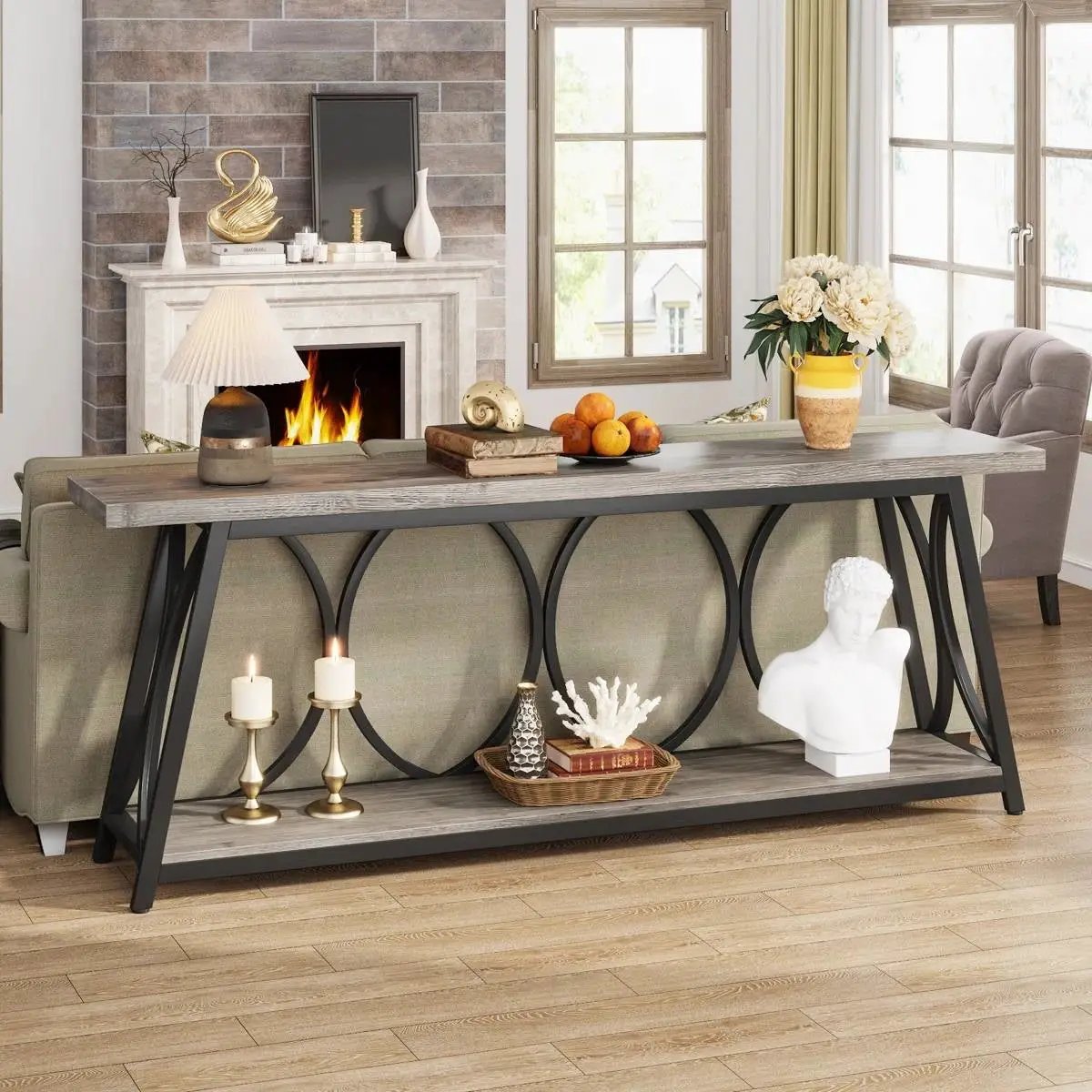 Industrial 70-inch Grey Wood Top Sofa Table with Heavy Duty Black Metal Frame by HomePacific