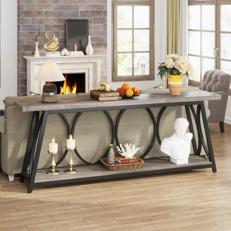 Industrial 70-inch Grey Wood Top Sofa Table with Heavy Duty Black Metal Frame by HomePacific